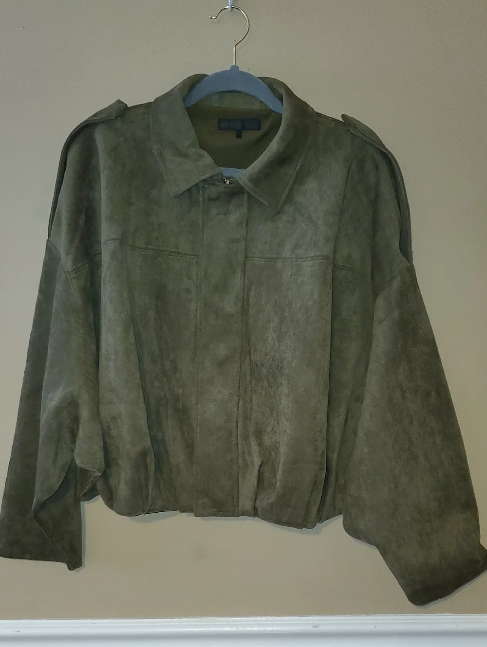 Zara Faux Suede Bomber Jacket In Green Size L